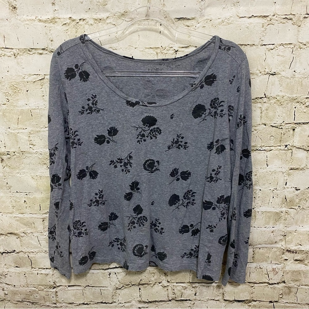 LOFT Gray Black Floral Cotton Long Sleeve T Shirt